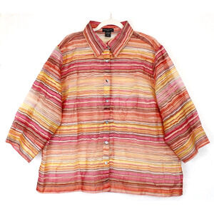 Lifestyle Studios Sheer Button Front Top Women 1X 3/4 Sleeve Stripe Pink Office